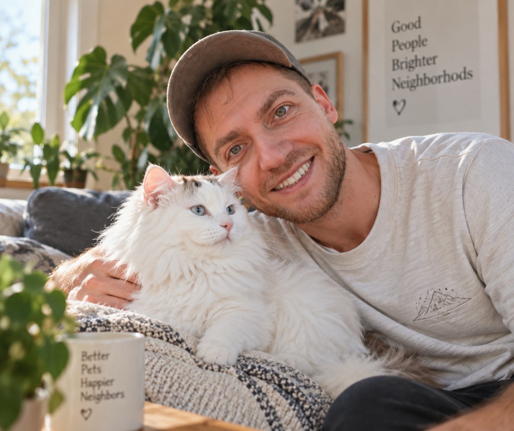 Erdem mit seiner Katze Nala zu Hause in München