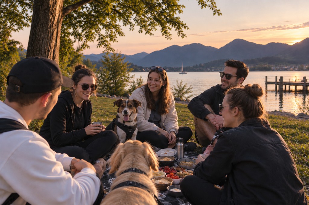Nachbar:innen und Hunde beim Picknick am See bei München im Abendlicht